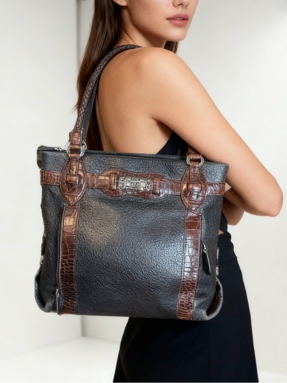 Brighton Black & Brown Leather croc shoulder bag western handbag